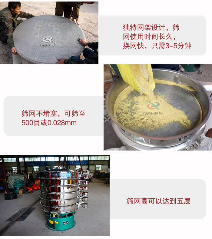 三次元振動篩的特點：篩網使用時間長換讓時間短，篩網不堵塞，可篩至500目或0.028mm。